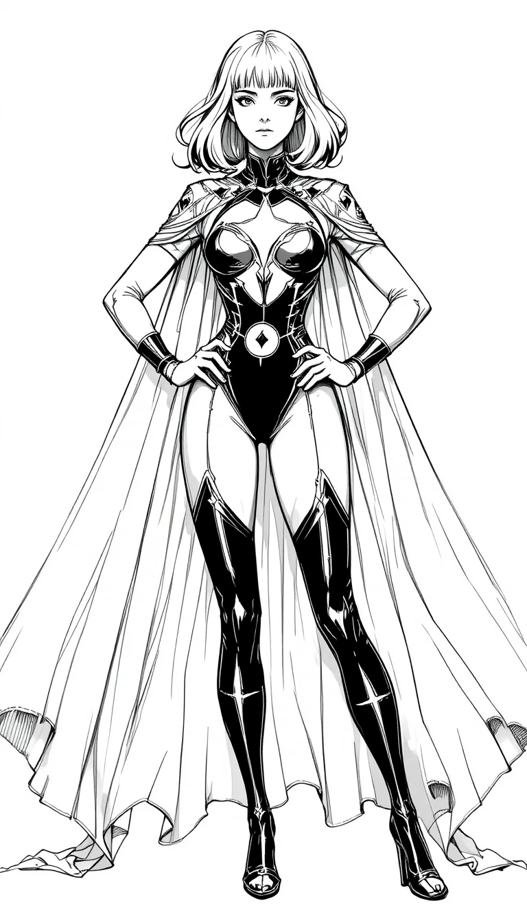 Super-herói andrógino de capa em pose ousada de corpo inteiro