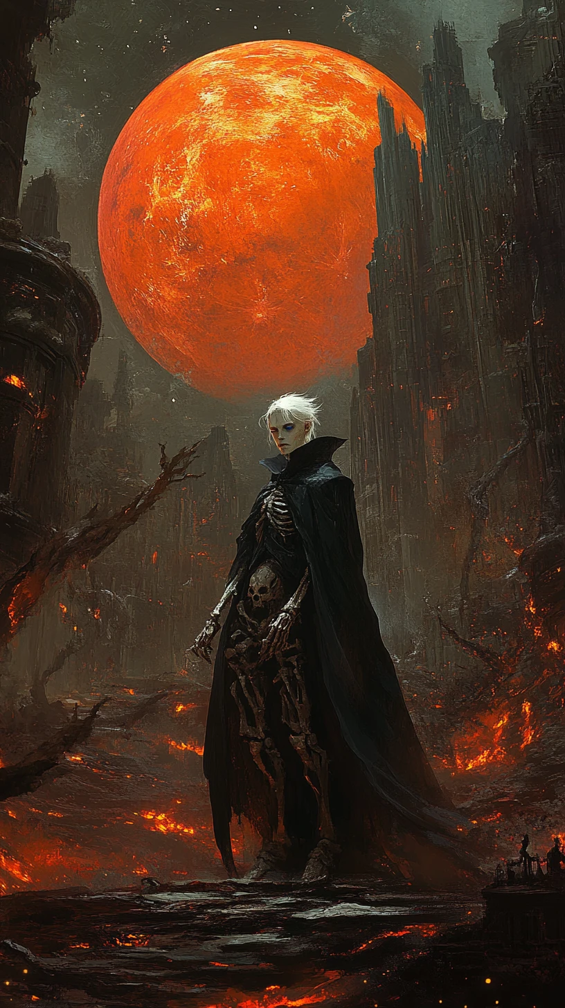 Gaunt white haired figure in cloak over a fiery hellscape