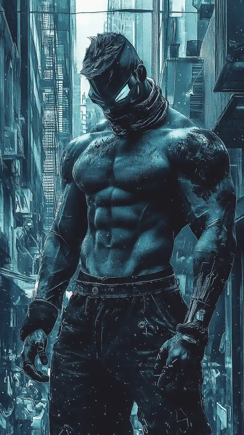 Cyberpunk warrior in surreal dual tone urban cityscape