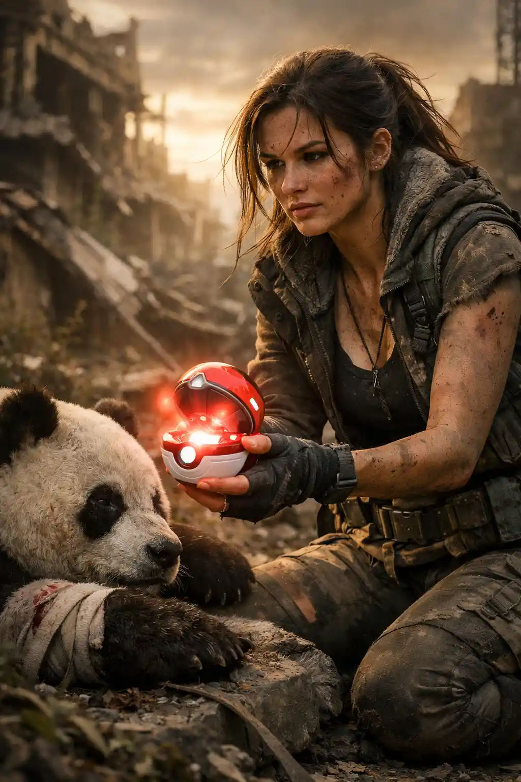 Determined survivor woman rescuing injured panda in ruins