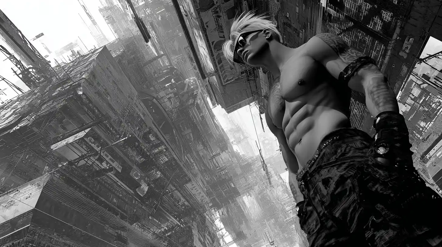 Guerriero cyberpunk in un paesaggio urbano surreale a doppio tono