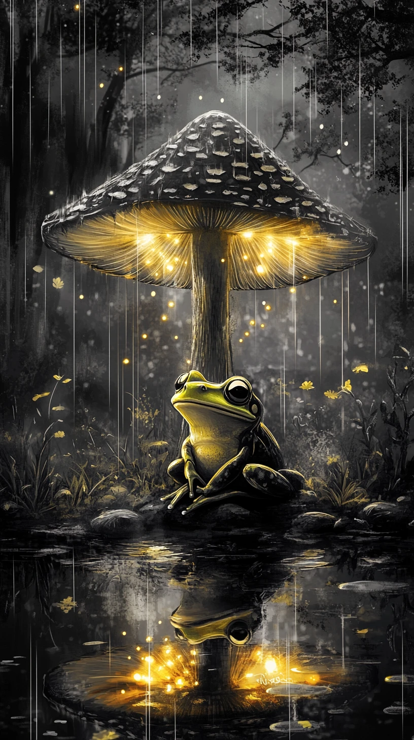 Smiling Frog Under A Glowing Mushroom In Charcoal Garden