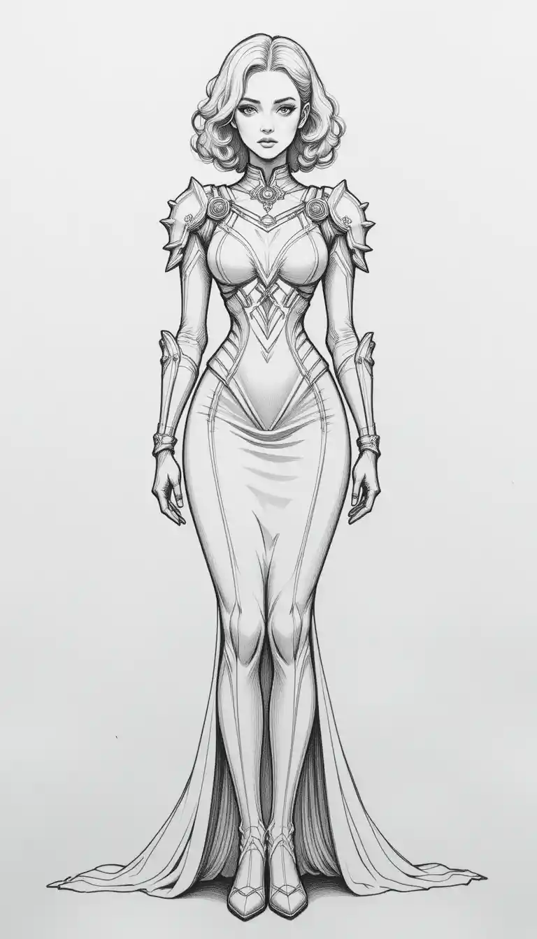 Elegante donna corazzata in schizzo di personaggio fantasy a matita