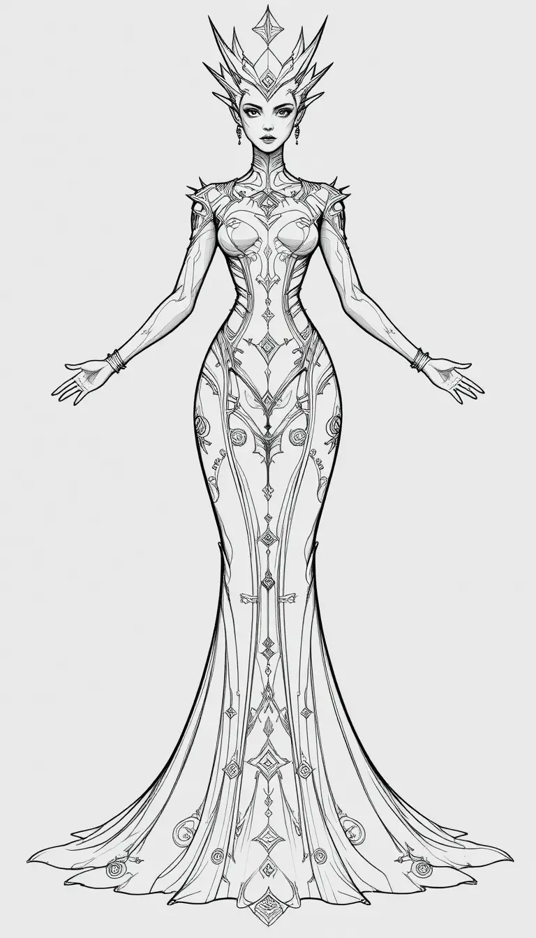 Regina celestiale in elaborata veste a linee in bianco e nero