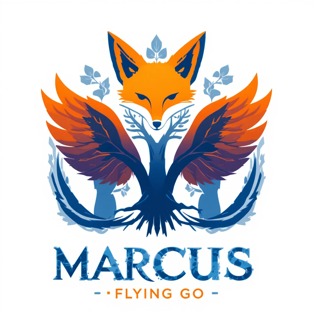 Modern vector logo with winged fox and human tree symbol
