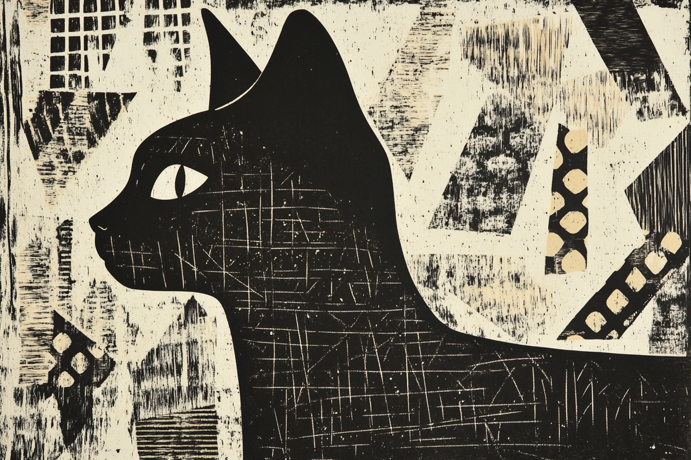Siamese cat linocut profile with bold geometric background