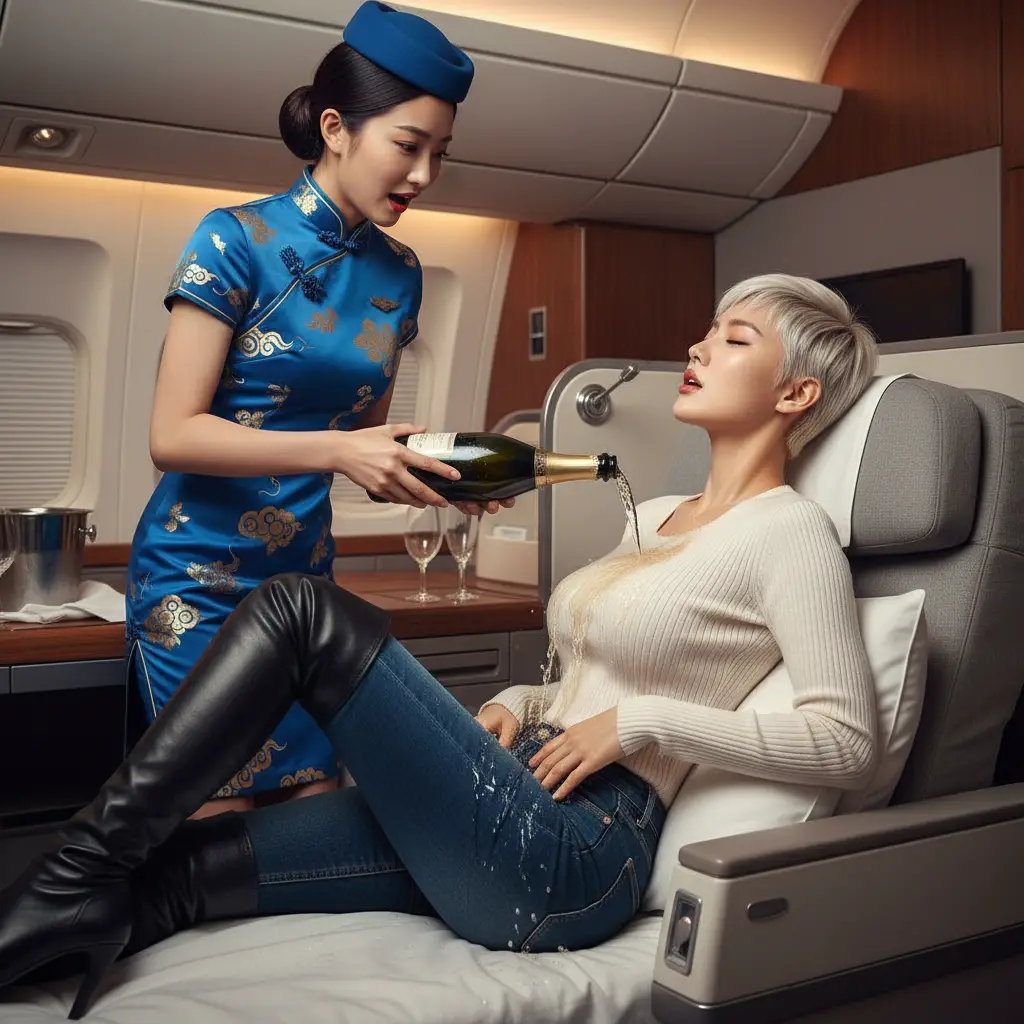 Flight attendant spilling champagne on reclining fashion model