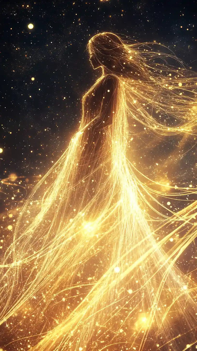 Donna eterea e luminosa in linee fluide sotto il cielo stellato