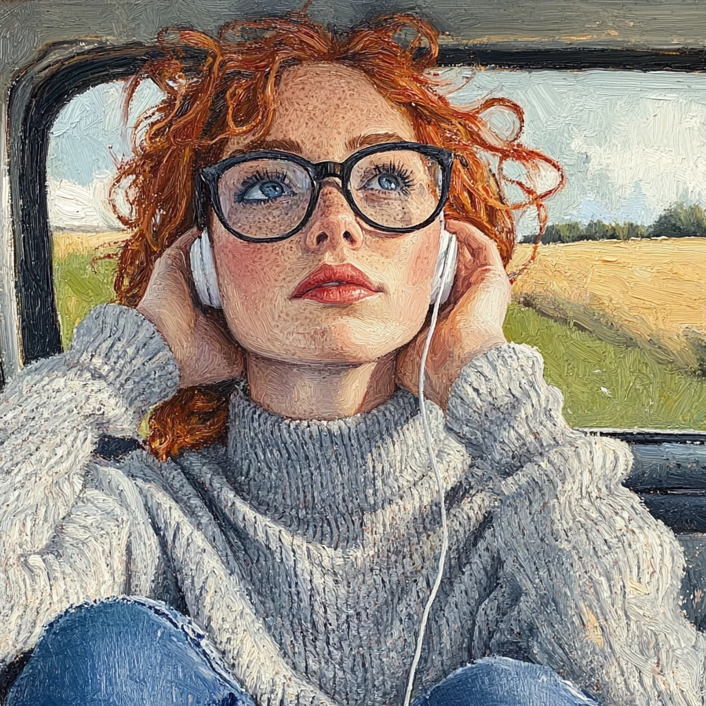 Woman with red ponytail listening to music in car seat