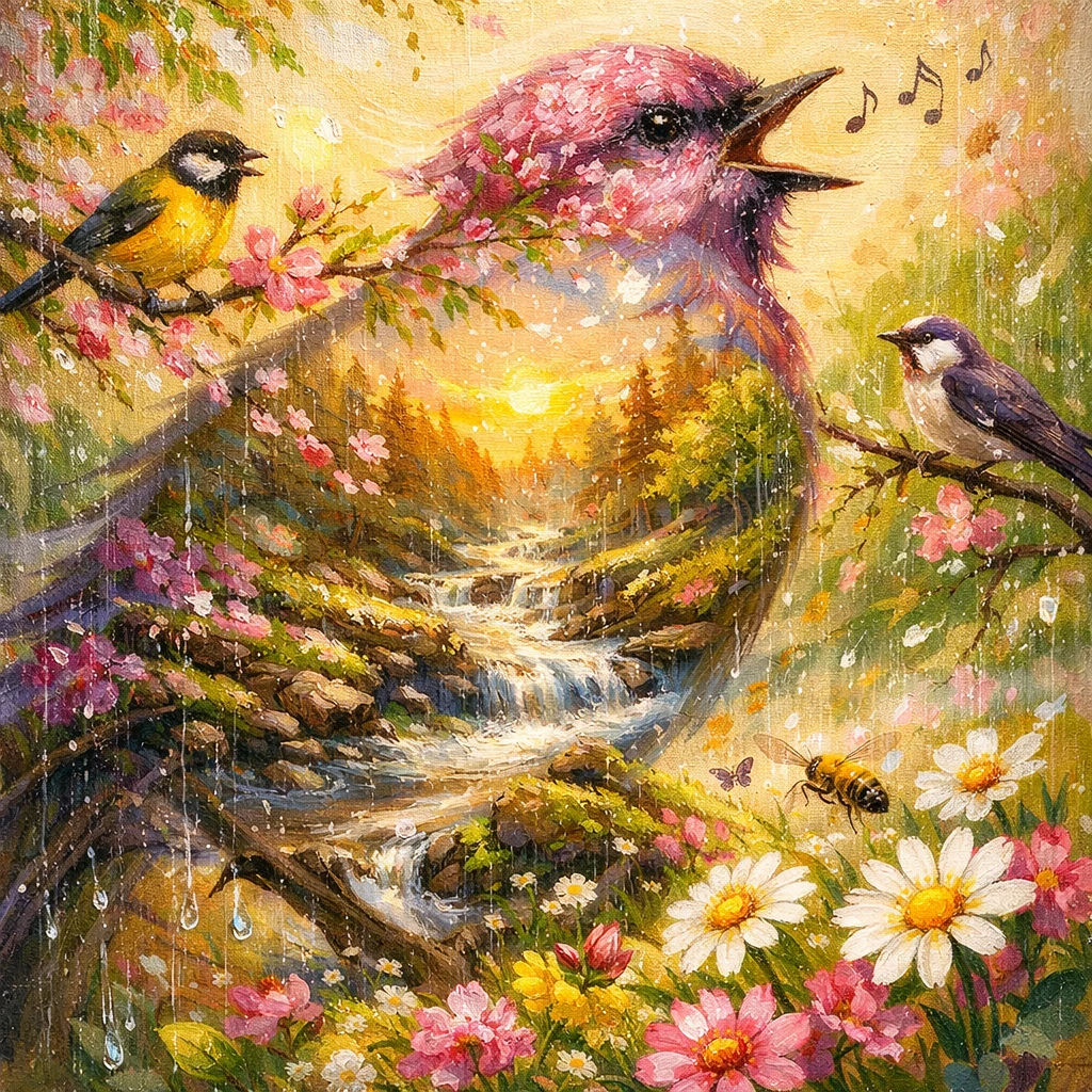Joyful birds at dawn in a spring forest scene
