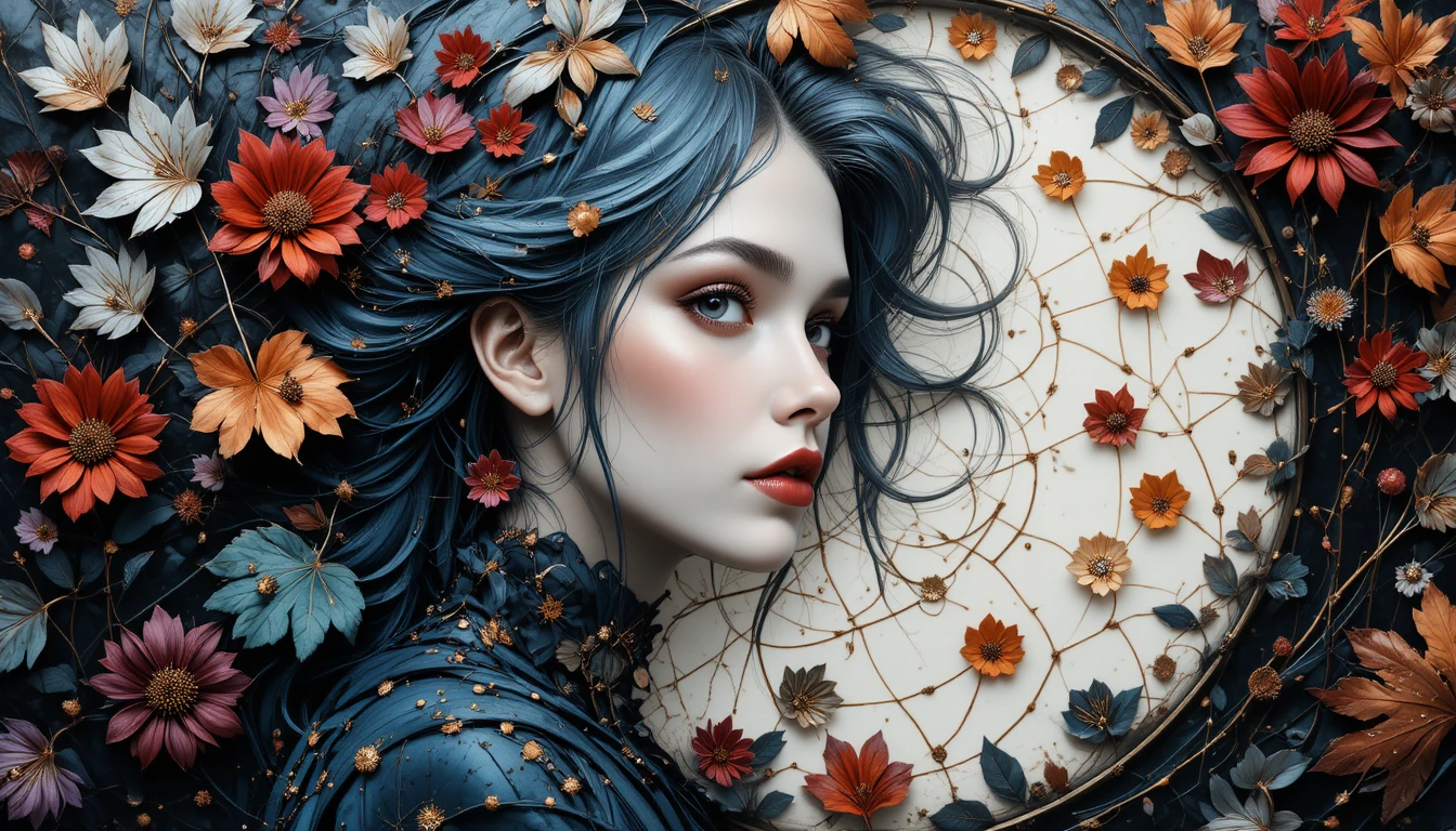 Minimalist spiral of autumn leaves and flowers on off white