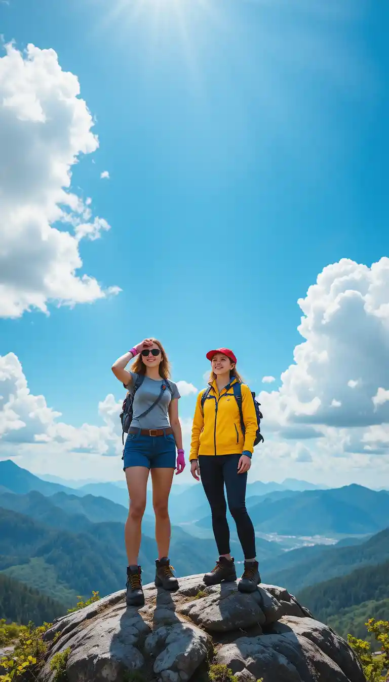 Zwei Wanderinnen feiern auf einem sonnigen Berggipfel