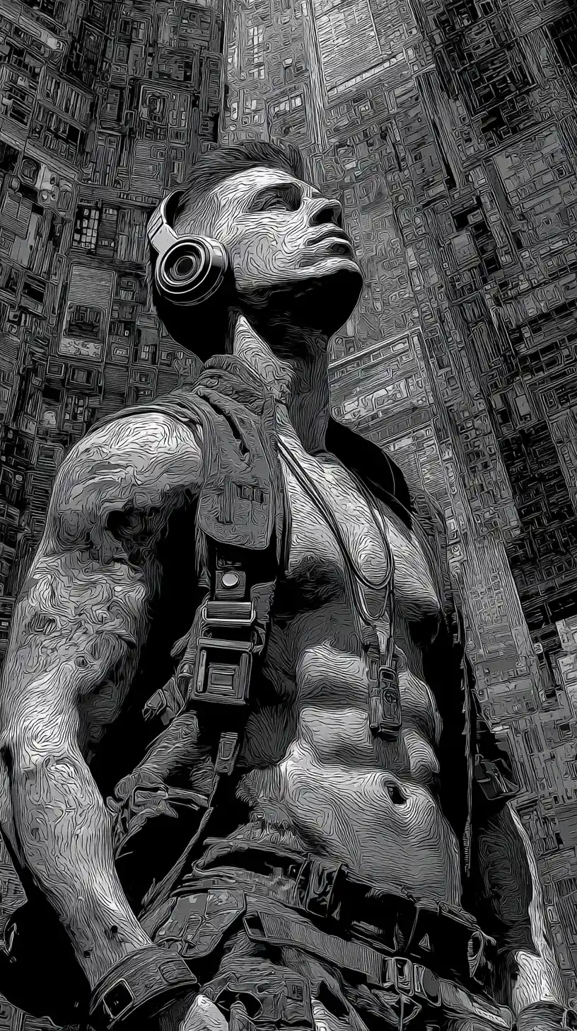 Fascinated cyberpunk warrior in a surreal urban cityscape