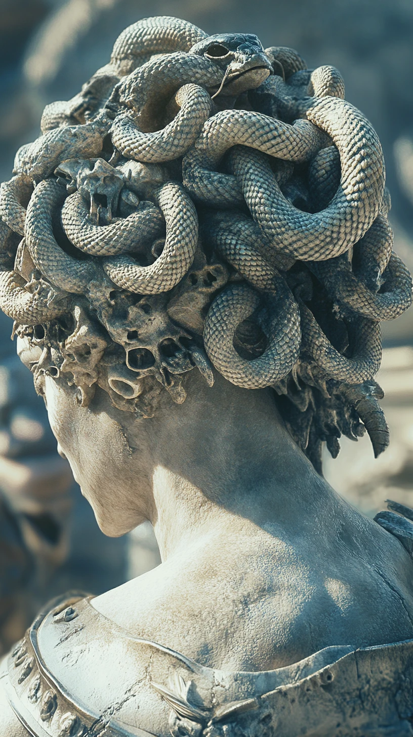 Close up of medusa hair of snakes and frozen warrior