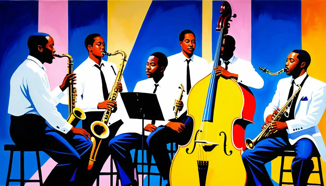 Trio jazz di musicisti in un colorato dipinto a olio
