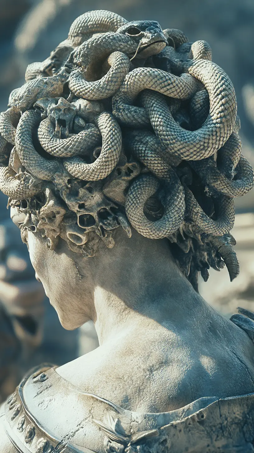 Close up of medusa hair of snakes and frozen warrior