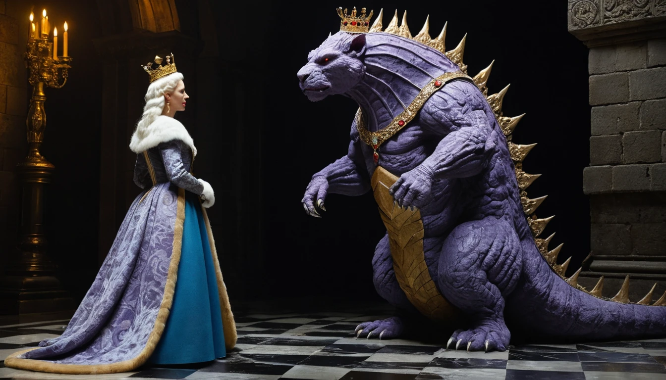 Stone golem confronting regal queen on marble chess tile