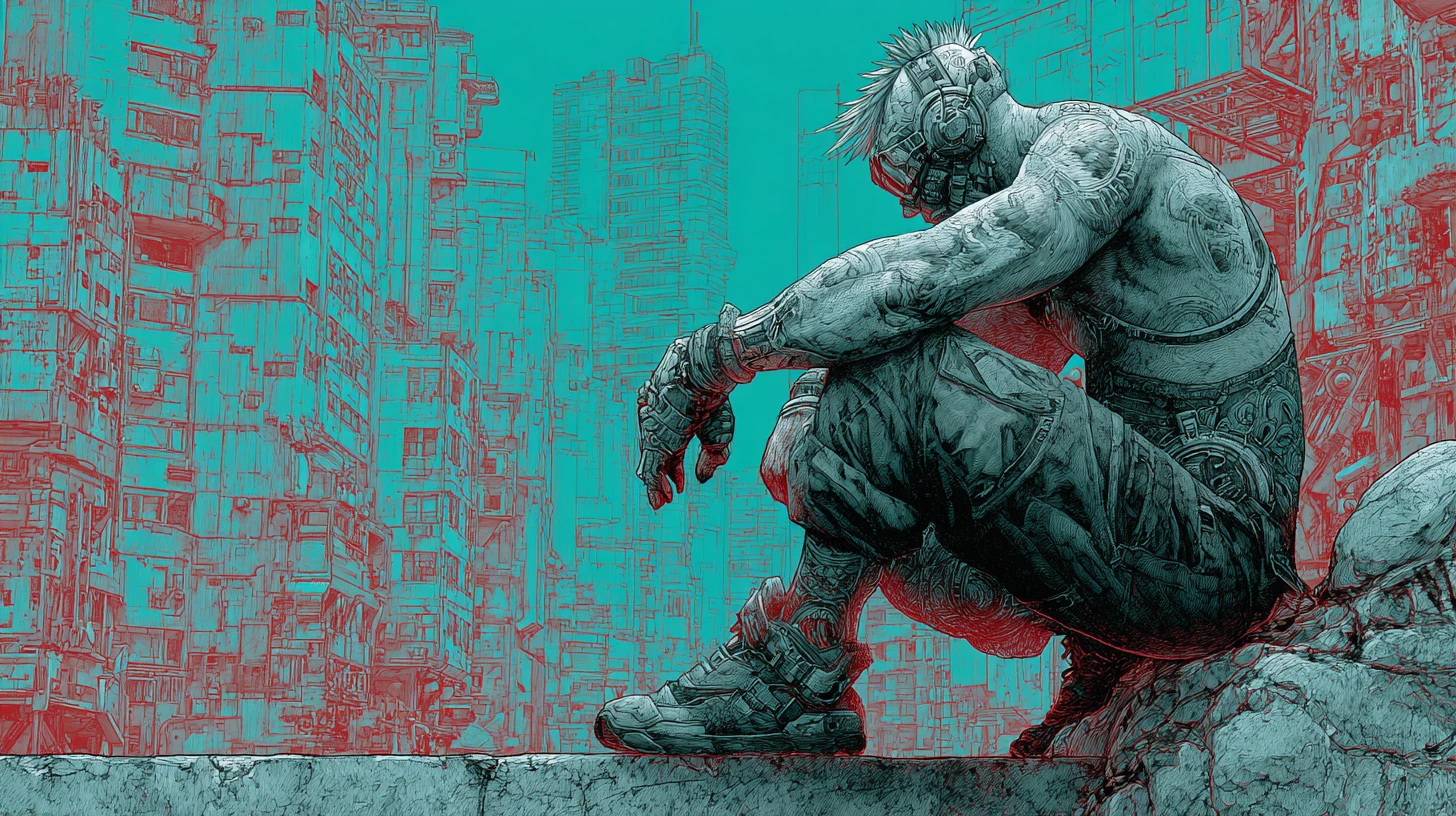 Cyberpunk warrior in a surreal futuristic concrete city