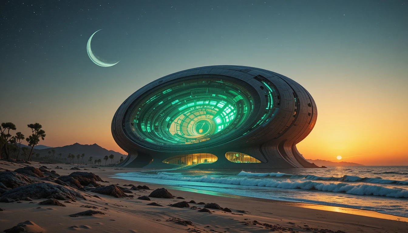 Futuristic Spiral Desert Building Under Sunset Sky