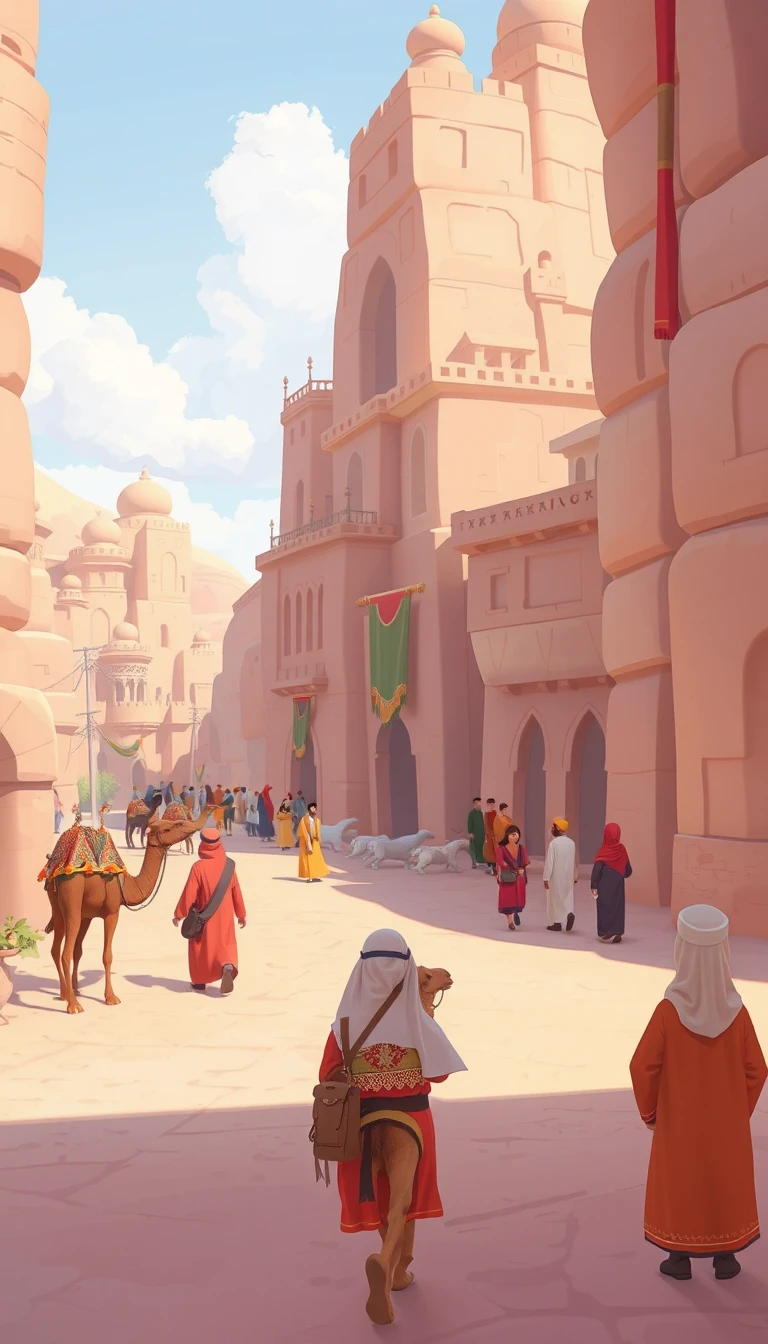 Camelos em desenho animado caminhando por uma antiga rua de cidade no Oriente Médio