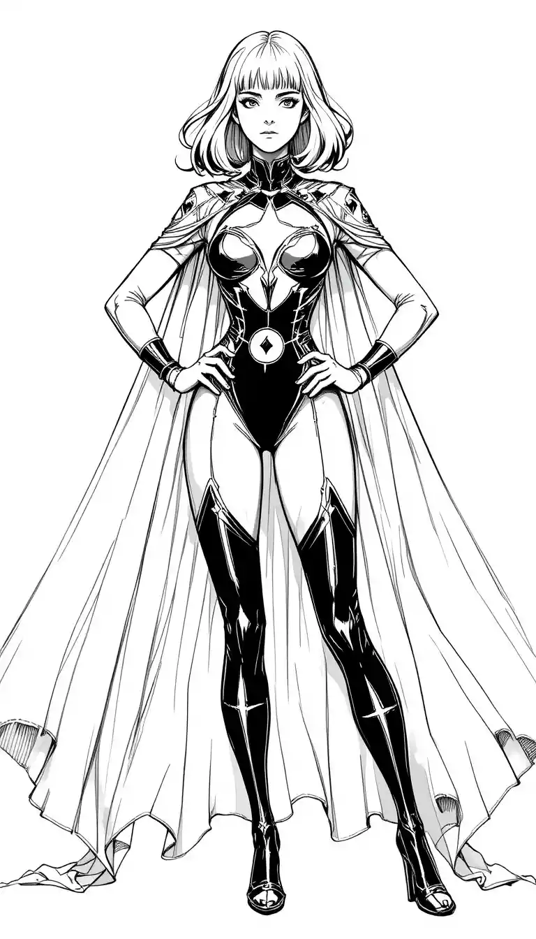 Androgynous superhero in cape with bold full body pose