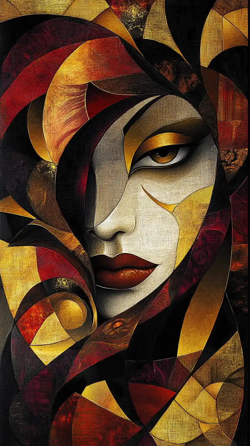 Mulher cubista abstrata com dragão entrelaçado em tons incendiários