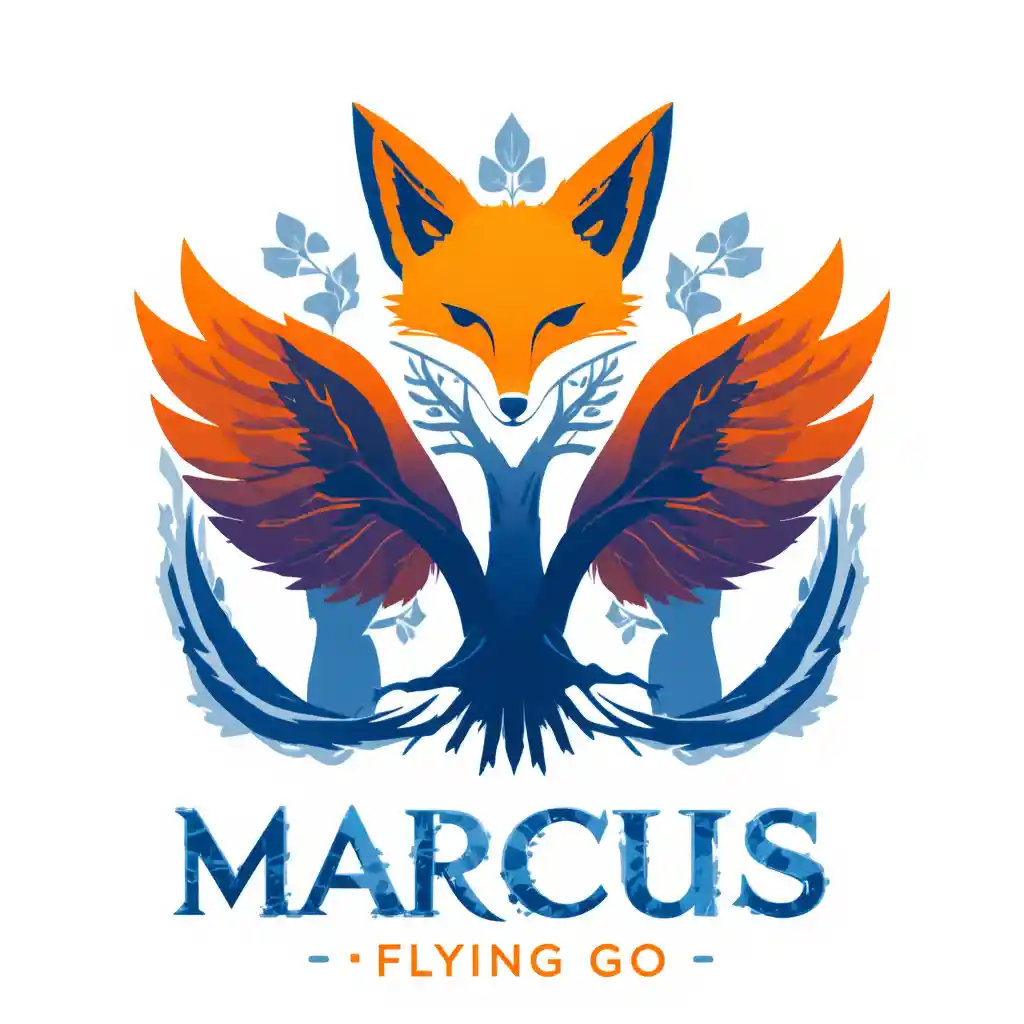 Modern vector logo with winged fox and human tree symbol