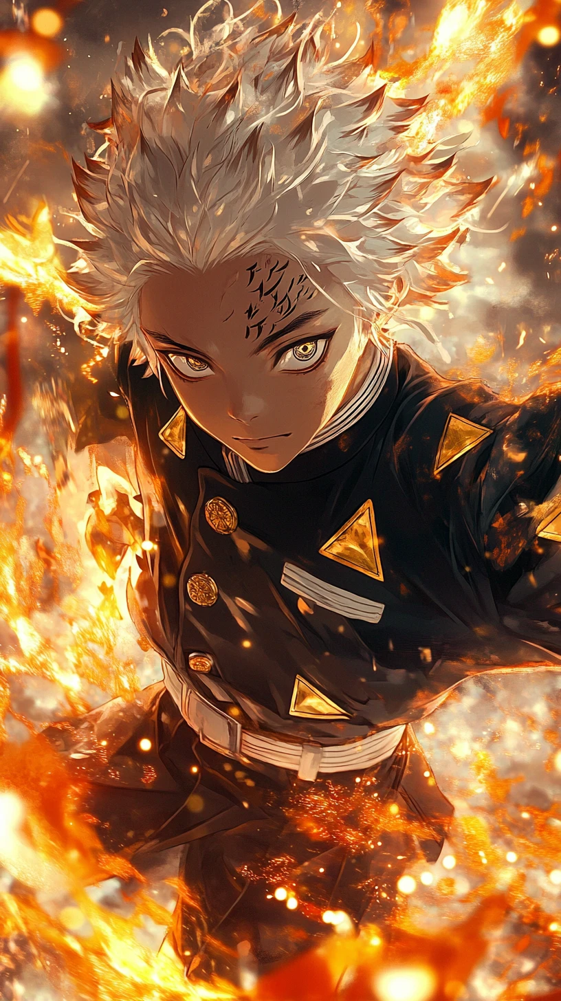 Garoto de anime em uniforme preto cercado por energia luminosa em chamas