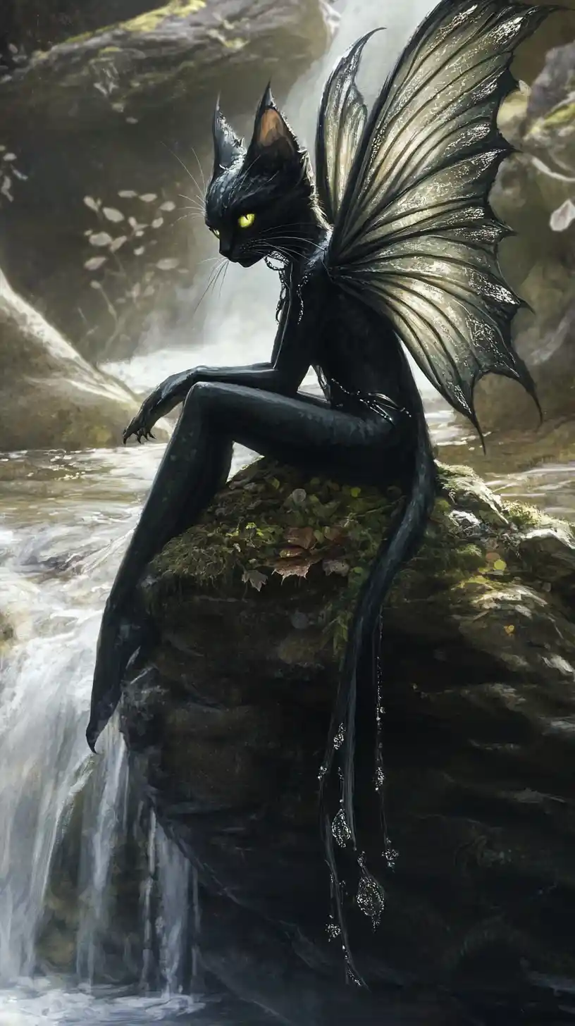 Dark faerie sitting on mossy rock by a waterfall