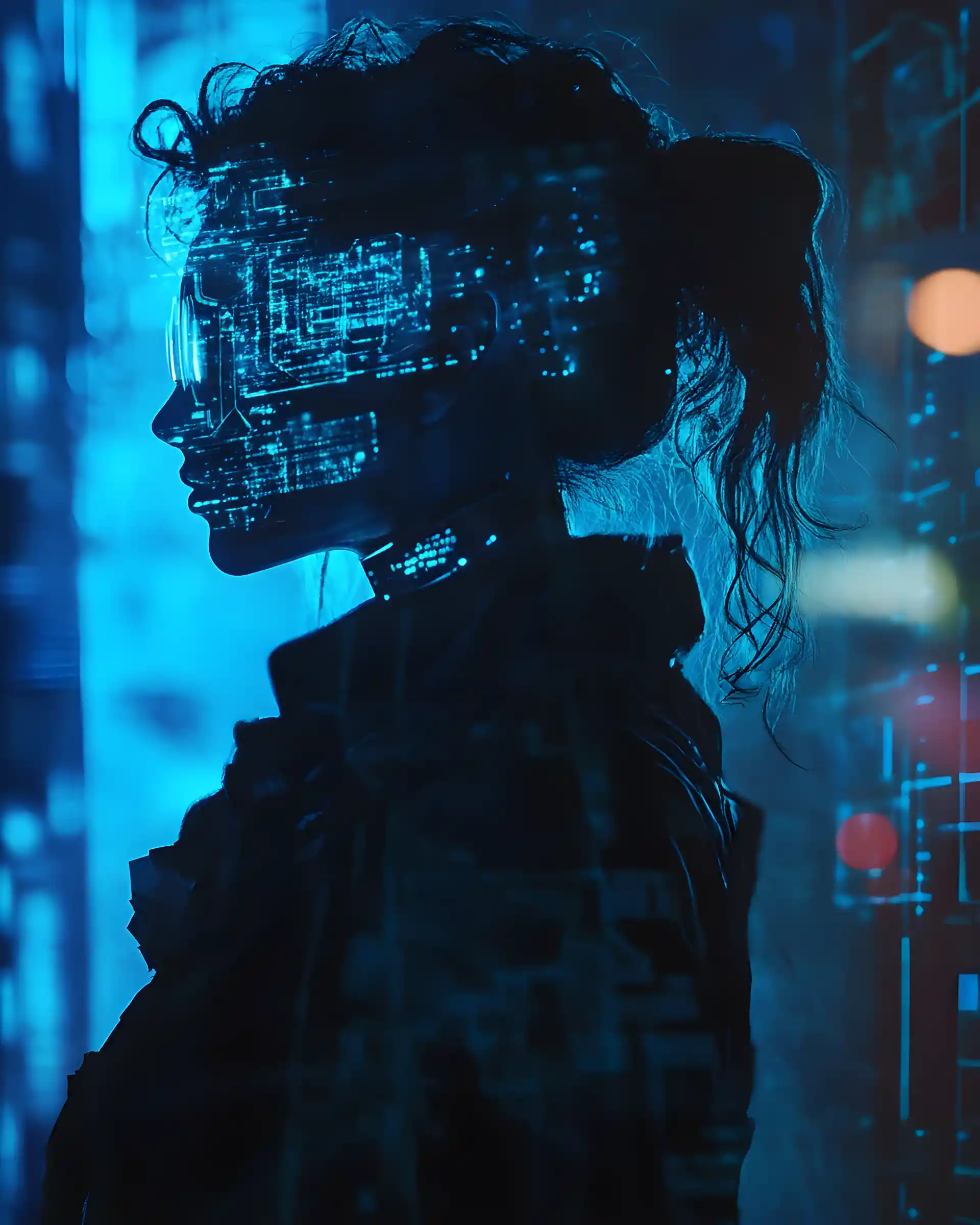 Ologramma cyberpunk femminile in luce ciano noir e atmosferica