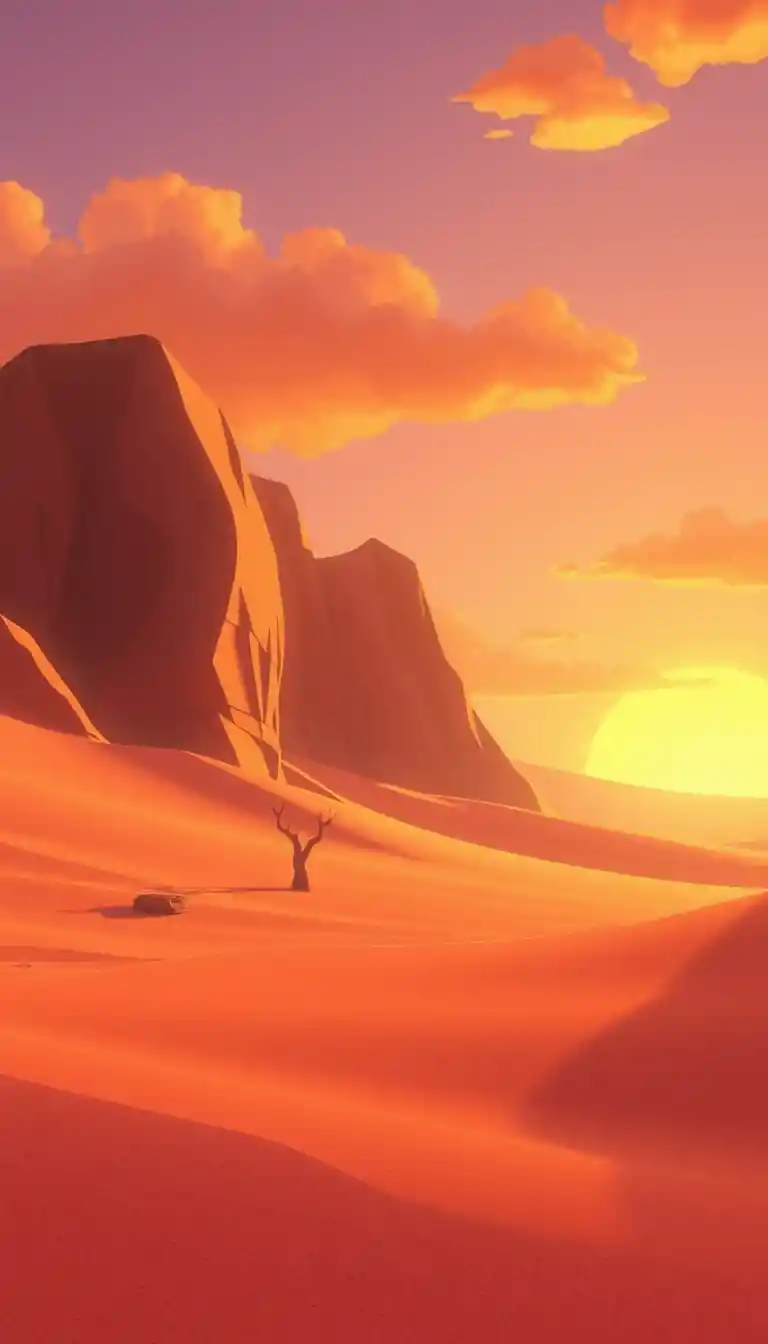 Cartoon desert landscape with soft sunrise and warm colors
