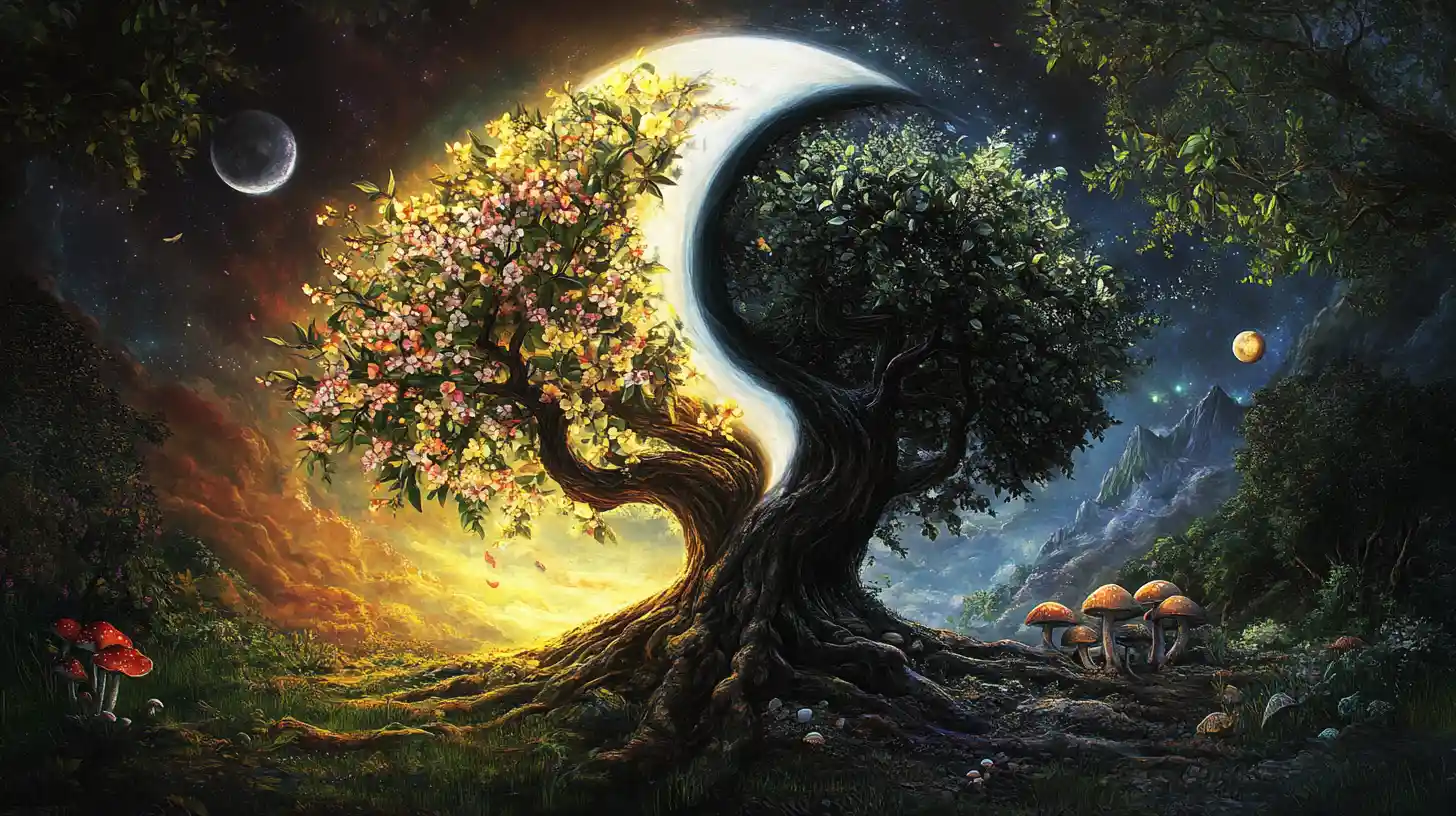 Yin yang trees of life and decay in magical balance