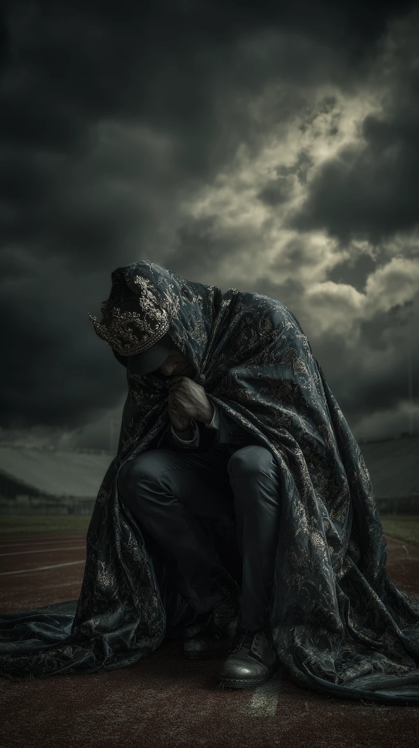Victorious king closing his cloak on the crowded field