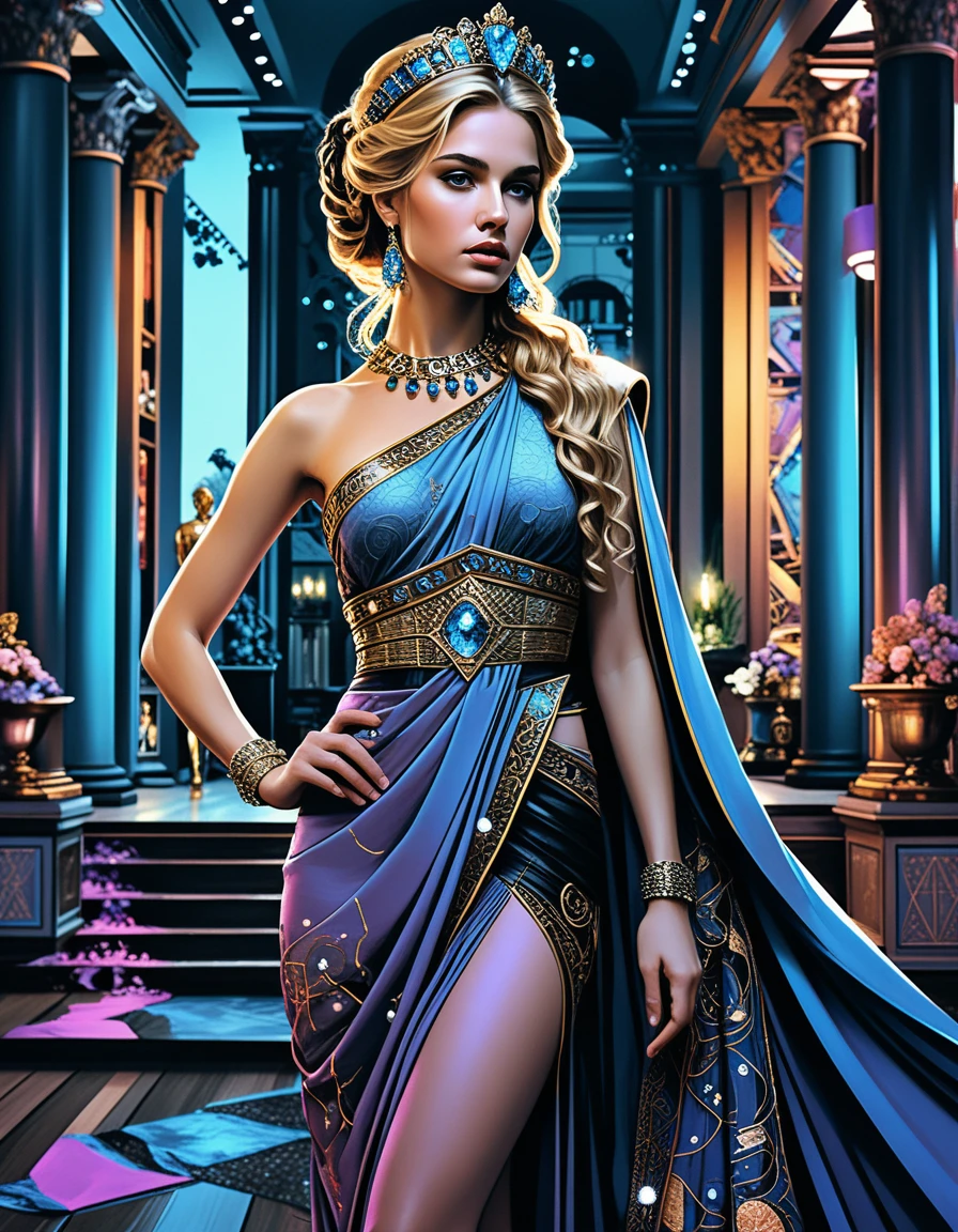Regal blonde princess in a Roman palace gown