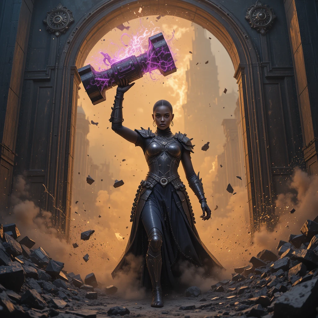 Armored woman raising a void hammer at a tower gate