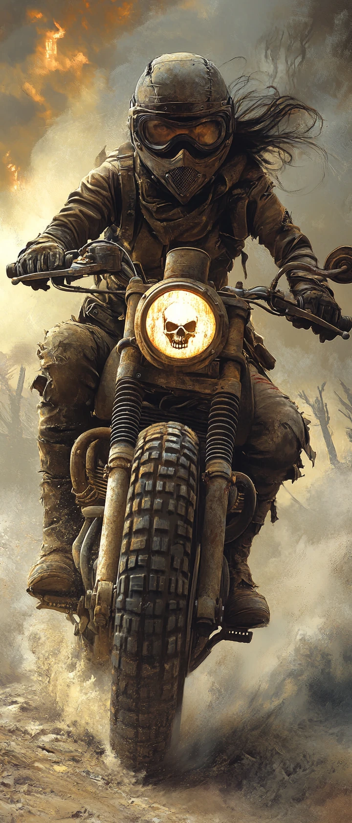 Post apocalyptic biker woman racing through dusty wasteland