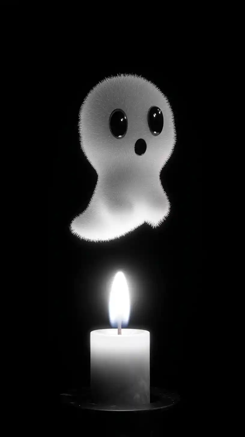 Cute ghost hovering above candle with drifting smoke
