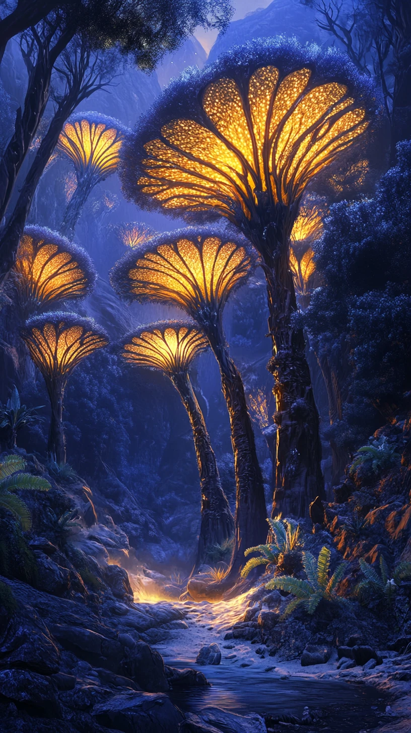 Luminescent fantasy trees above a misty blue canyon stream