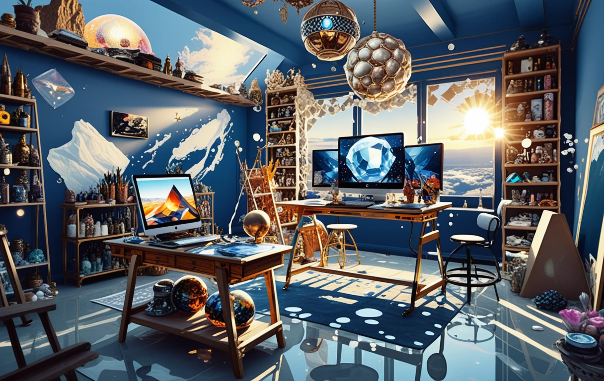 Solarpunk-Loftstudio voller Kunst und Kristalle