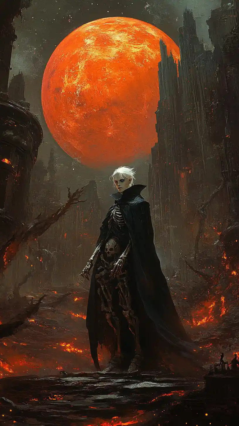 Gaunt white haired figure in cloak over a fiery hellscape