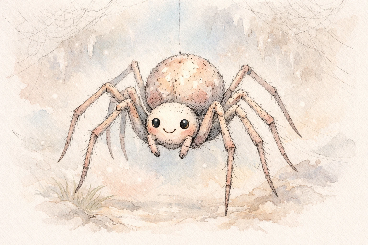 Gentle pen and wash illustration of a smiling cave spider