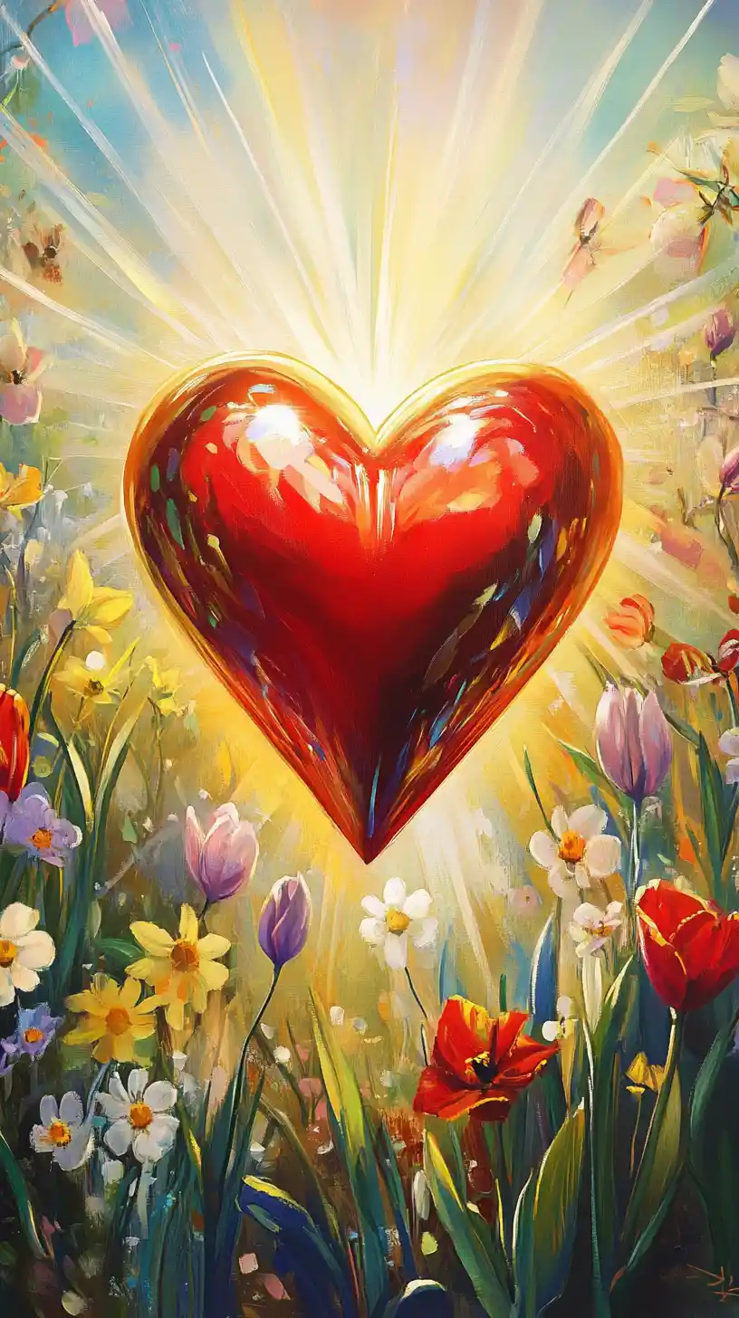 Glowing red heart dancing in a sunny spring flower field