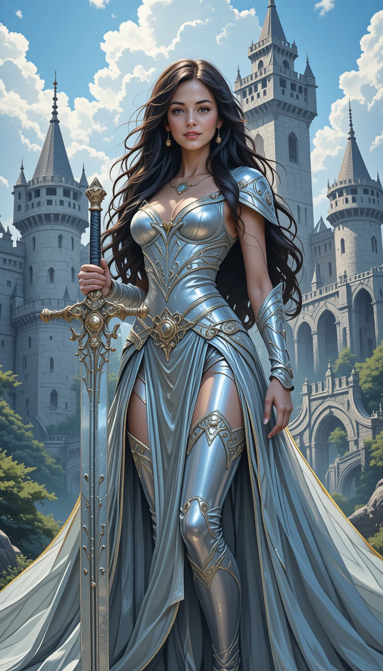 Cheerful fantasy warrior woman before a medieval stone castle