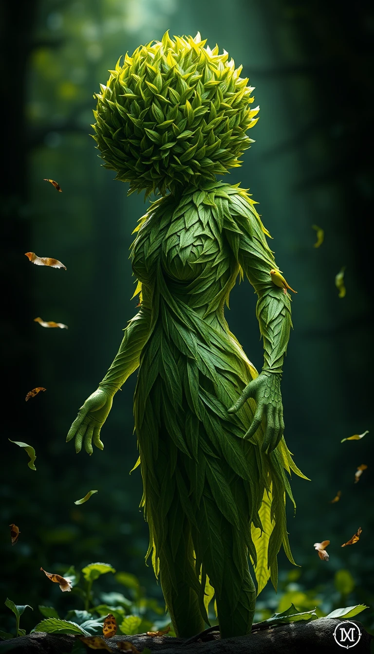 Leaf woman sculpture in misty forest with dramatic light