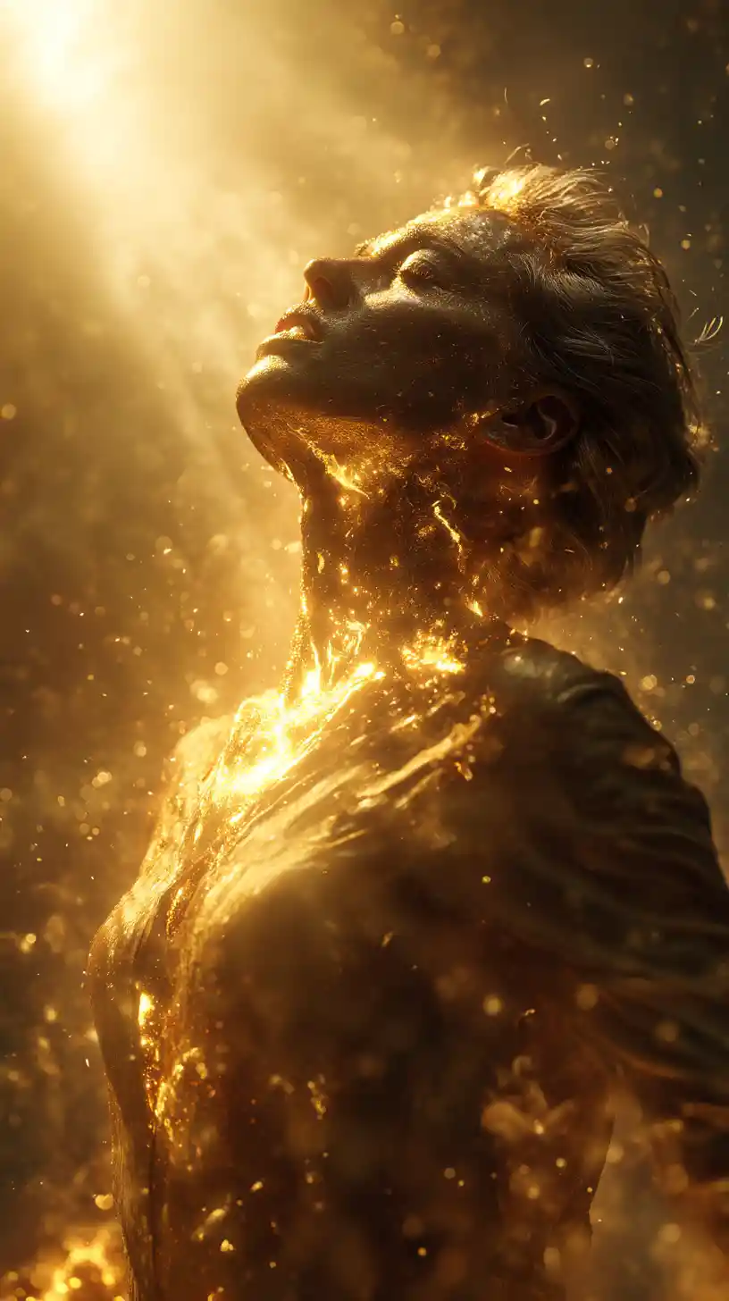 Person transforming into radiant golden light before awestruck crowd
