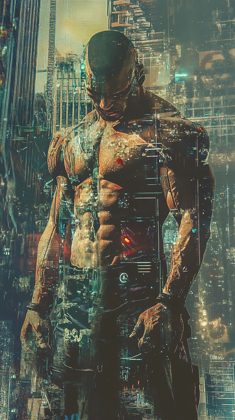 Surreal cyber warrior in a dual tone urban cityscape