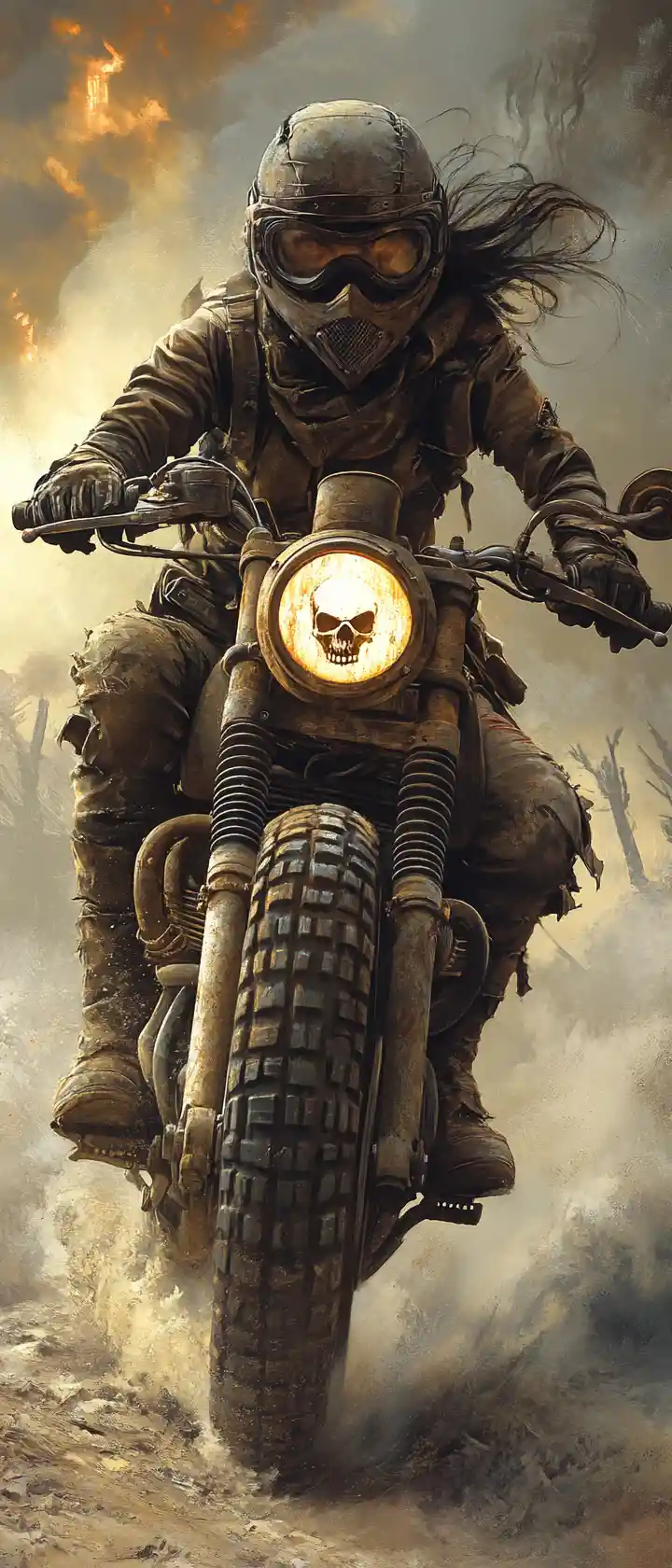 Post apocalyptic biker woman racing through dusty wasteland