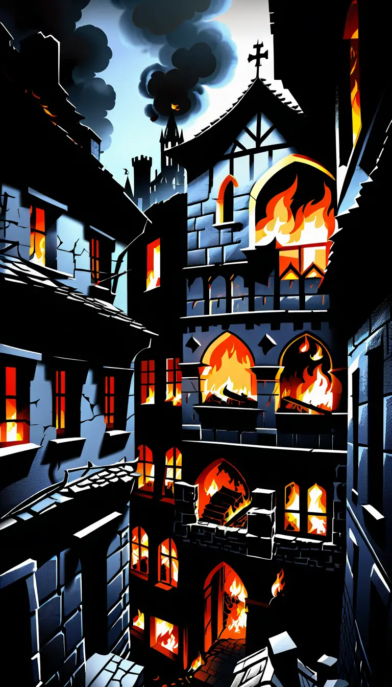 War torn medieval city in flames with chaotic destruction