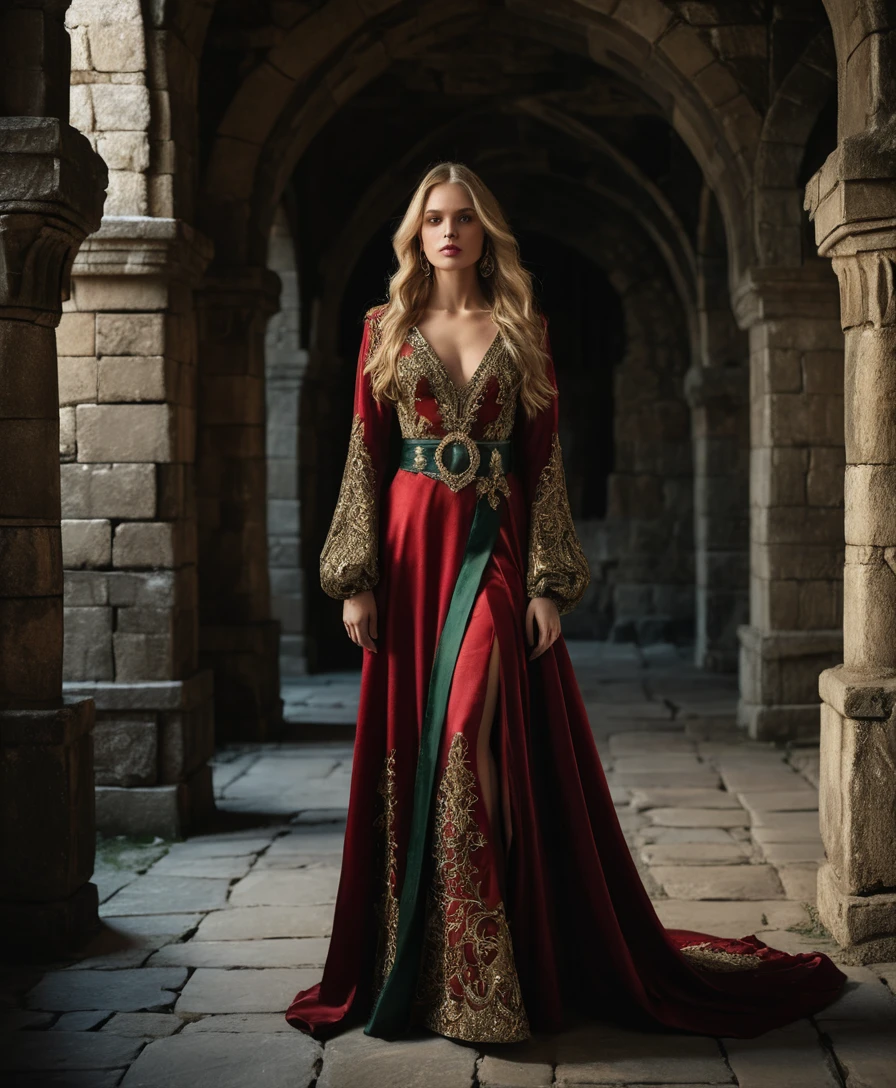 Elegant blonde woman in red fantasy gown in castle hall