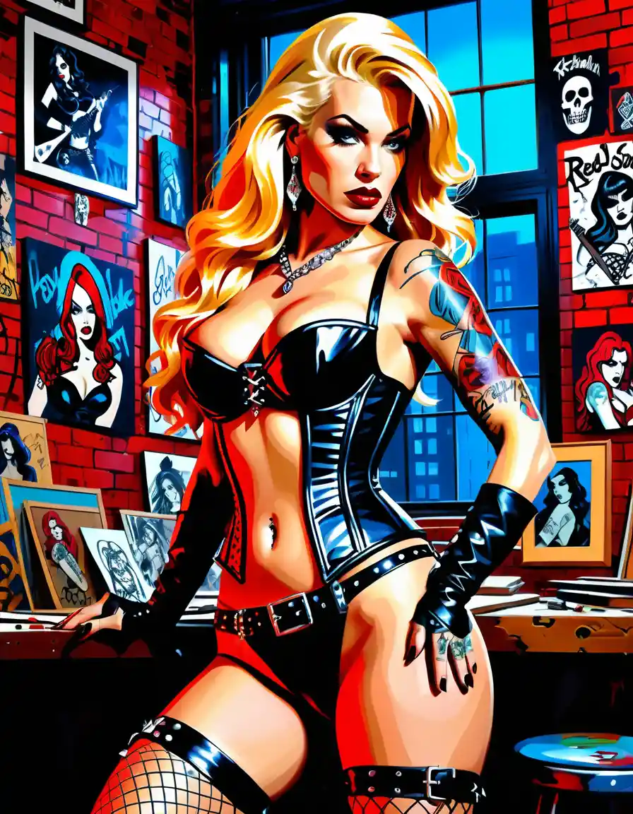 Platinblonde tätowierte Pin-up-Künstlerin im stilvollen Loftstudio